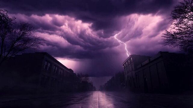 The stormy sky was a deep purple, with a single bolt of lightning striking down between two silhouetted buildings.