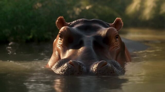 A close-up shot of a hippopotamus emerging from muddy water, with its ears erect and its large snout clearly visible.