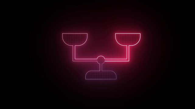 Glowing red neon justice scale icon symbolising law balance equality and legal judgment isolated on dark background for corporate concept