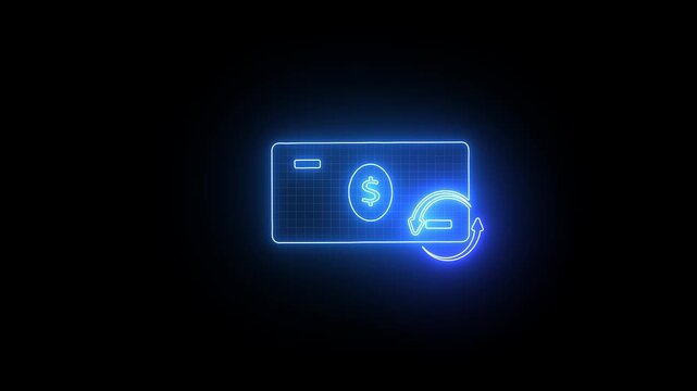 Vibrant blue glowing neon money back banknote icon with circular arrows symbolising cashback refund financial transaction isolated on dark background