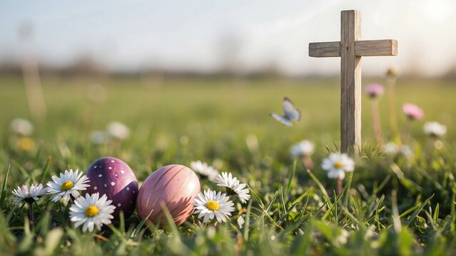 Wooden cross standing in a green meadow with easter eggs and white daisies on a sunny spring day with a flying butterfly nearby