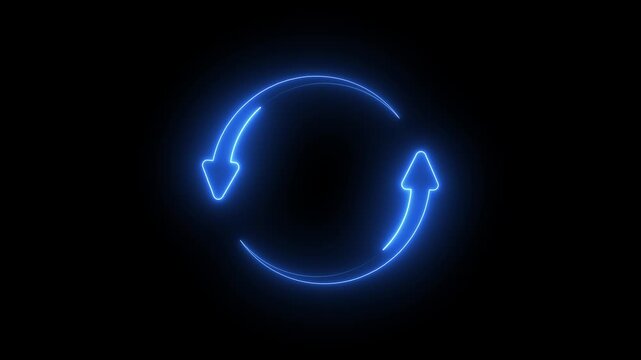Vibrant blue glowing neon circular sync arrows icon symbolising refresh reload update process and recycling isolated on dark background for web design concept