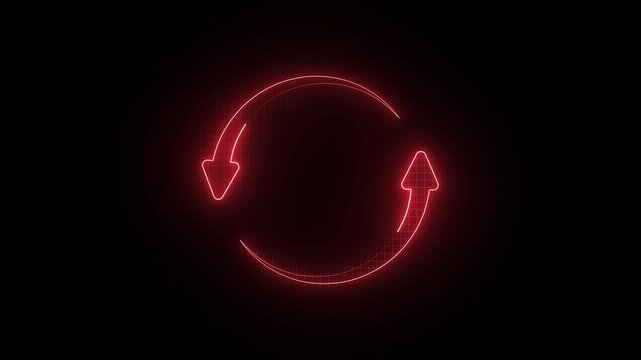 Glowing red neon circular sync arrows icon symbolising refresh reload update process and recycling isolated on dark background for web design concept