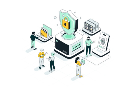 Modern hand drawn isometric financial security illustration featuring data protection, secure digital banking, biometric authentication, encrypted information, cloud servers and financial technology. 