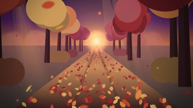 Forest path with orange and red trees at dusky purple sunset