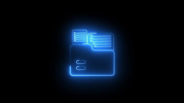 Vibrant blue glowing neon file folder icon symbolising digital document management data storage archive isolated on dark background for website concept