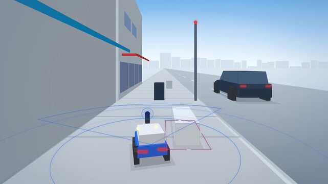 Sidewalk delivery robot avoiding obstacles with blue sensor rings