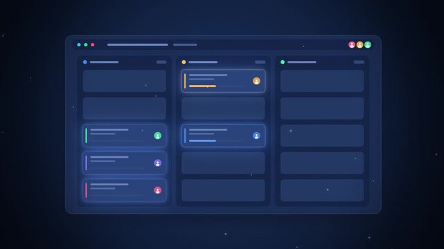 Kanban board with task cards building in columns on dark blue