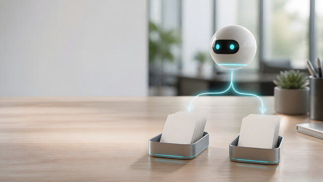 Robot sorting information cards into two trays