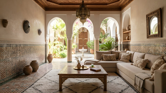 Cozy Moroccan living room interior in traditional riad with arches and zellige tiles