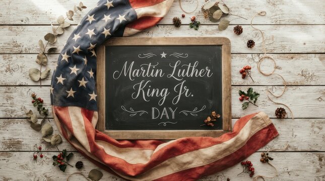 Martin Luther King Jr. day rustic wooden background with American flag and autumn decor