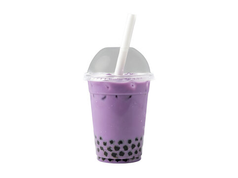 A delightful and refreshing taro bubble tea beverage featuring chewy tapioca pearls served in a clear plastic cup with a white straw