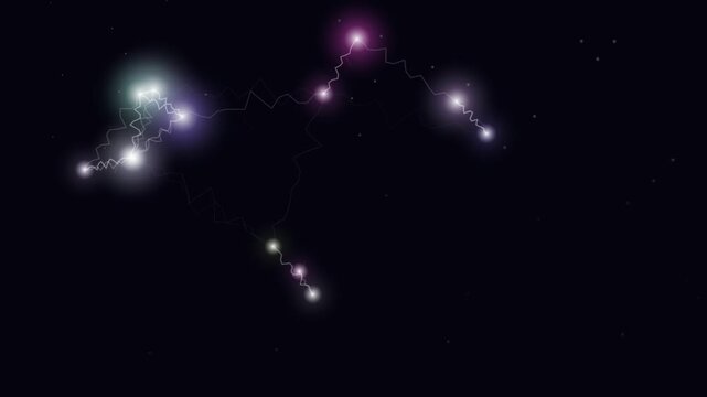 Looping constellation illustration displays glowing star points connected by lines against a dark space background