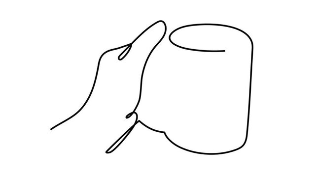 Human hand holding large tes cup mug coffee one line art animation, continuous line drawing hot drink breakfast motion, cafe break cozy morning abstract 4k self-drawing video
