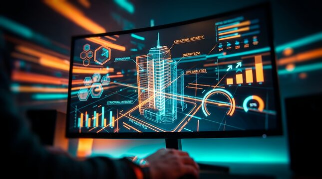 Smart building digital dashboard display showcasing 3d architectural models, live energy analytics and structural metrics, representing intelligent urban planning and modern engineering