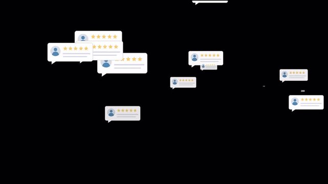 Rating and review notification bubbles with star ratings and feedback symbols in flat 2D vector motion animation with alpha channel and transparent background.