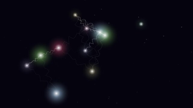Looping starry night scene displays connected glowing constellation stars over dark cosmic background