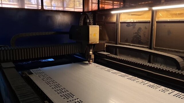 Laser cutting system cutting intricate pattern into metal plate