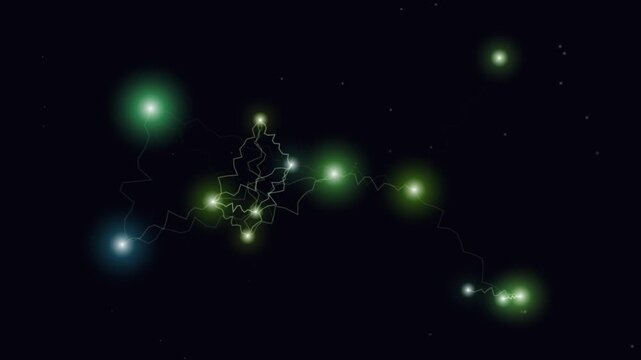 Luminous green star groups form squiggly links across a dark looping cosmic background