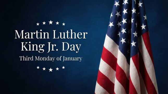 American flag on blue background with Martin Luther King Jr. Day typography and white stars