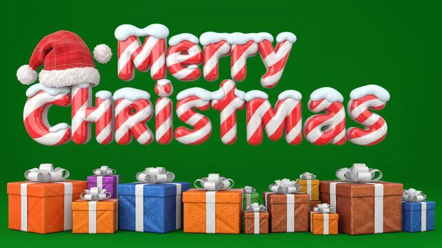 Festively animated 3D Merry Christmas text with candy cane styling, snowy accents, a Santa hat, and wrapped holiday gift boxes arranged against a solid green background.