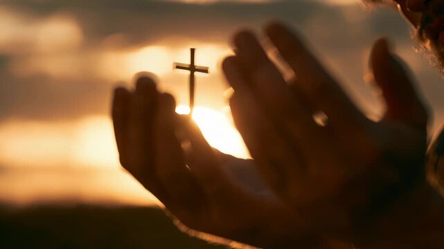 Hands holding a cross with sunlight shining through against a sunset background