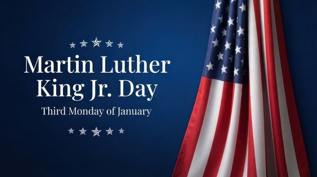 American flag hanging against dark blue background with Martin Luther King Jr. Day text
