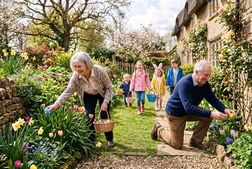 Fototapeta premium A group of children and adults gather in a vibrant garden to search for Easter eggs. They hold baskets and pick colorful eggs surrounded by flowers