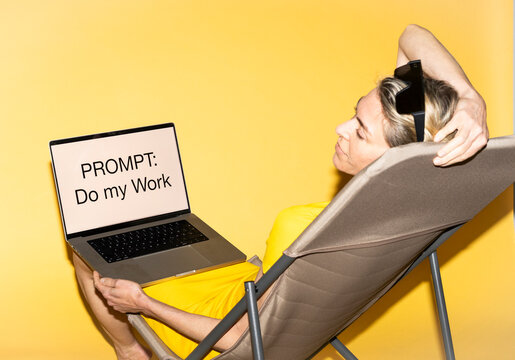 Woman delegates remote work to AI automation on sun lounger