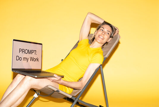 Woman relaxes on sun lounger while AI does her remote work