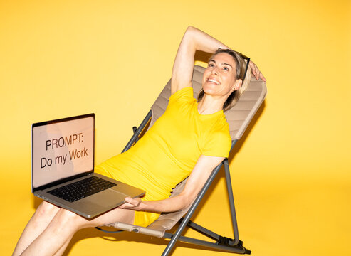 Smiling woman in yellow dress relaxes on sun lounger with AI laptop