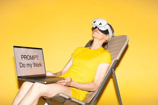 Woman in yellow dress using VR headset and laptop for remote work