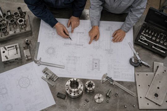 Mechanical engineers examining detailed technical drawings surrounded by precision metal components, measuring tools and workshop equipment during an industrial design project.