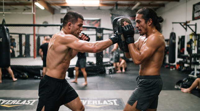 MMA Athletes Intensive Sparring In Industrial Gym With Flying Sweat Drops