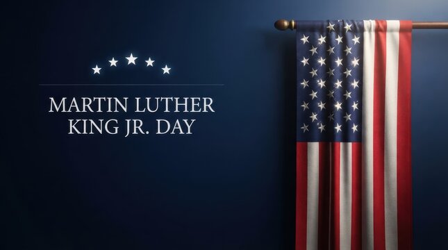American flag hanging against a dark wall with Martin Luther King Jr. Day typography