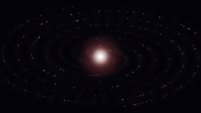 Bright central star system with orbiting rings in a dark looping space background