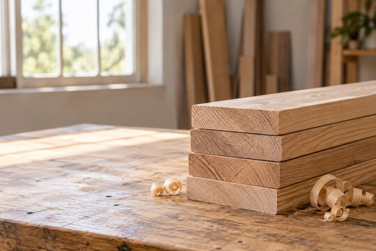 Sanded wooden boards arranged on a woodworking bench