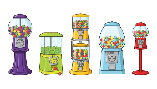 Vector cartoon illustration set of vintage gumball machines filled with colorful candy isolated on a white background.