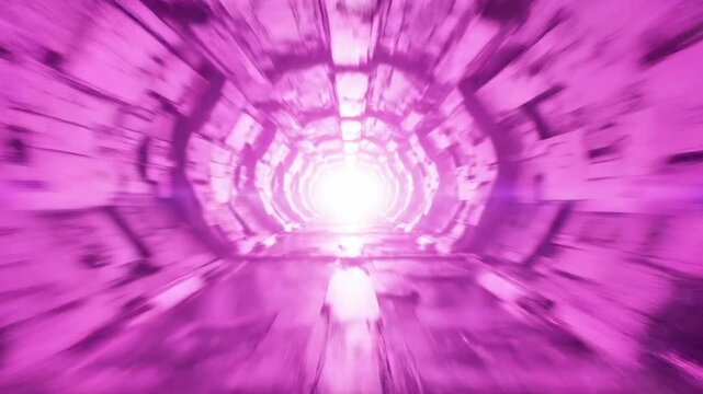 Pink geometric abstract tunnel with bright light exit.