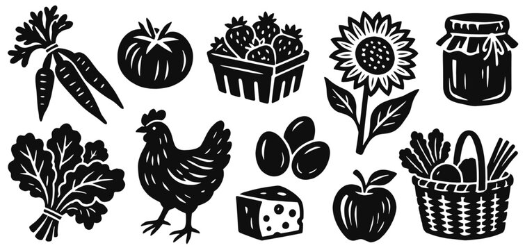 Farmers market linocut icon set. Fresh carrots, tomatoes, strawberries, leafy greens, eggs, hen, cheese and woven produce basket. Hand drawn black vector illustration in vintage woodcut print style.