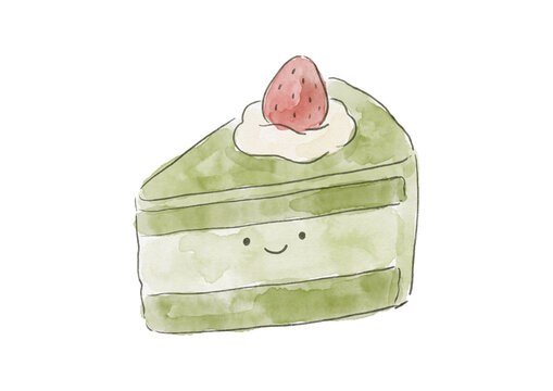 Charming handdrawn watercolor slice of green layered cake featuring a sweet smiling face topped with a fresh red strawberry and fluffy white cream isolated on a white background