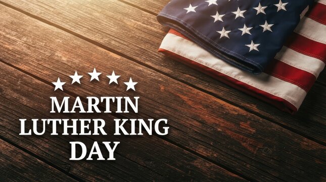 Folded United States flag on rustic wooden table with Martin Luther King Jr. Day text