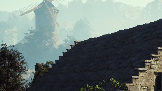 An old windmill stands tall in the background while a rustic stone structure can be seen in the foreground. Soft morning light casts a tranquil atmosphere over the scene.