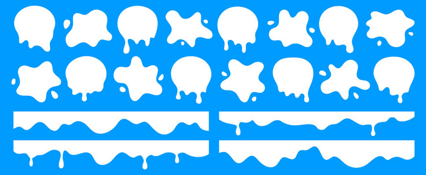 White dripping liquid, milk splash, borders flat design set