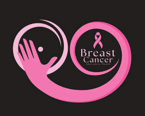 Obraz na płótnie Canvas Breast cancer awareness month - Text and ribbon sign in pink hand circle curve shape and hold care circle breast sign on black background vector design