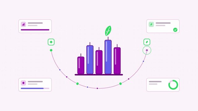 Animated carbon trading market order visualised as a two way exchange in a modern flat vector style. Smooth looping 4K motion graphic with soft purple and violet colours, floating interface cards and 