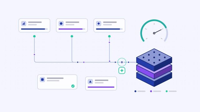 Seamless 4K looping animation showing a model evaluation metrics converging score presented as a converging flow. Flat vector icons, UI cards and animated connector lines move across a clean light bac