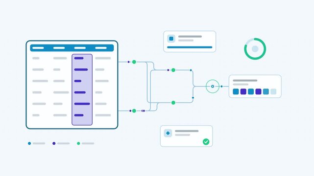 Seamless 4K looping animation showing a feature engineering transforming data columns presented as a process flow. Flat vector icons, UI cards and animated connector lines move across a clean light ba