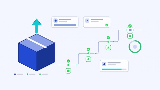 Animated model deployment staged release visualised as a stage ladder in a modern flat vector style. Smooth looping 4K motion graphic with soft blue and azure colours, floating interface cards and flo