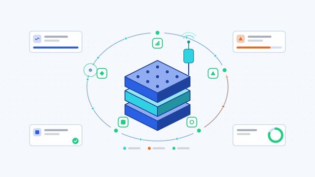 Animated model monitoring drift retraining visualised as a loop cycle in a modern flat vector style. Smooth looping 4K motion graphic with soft blue and azure colours, floating interface cards and flo